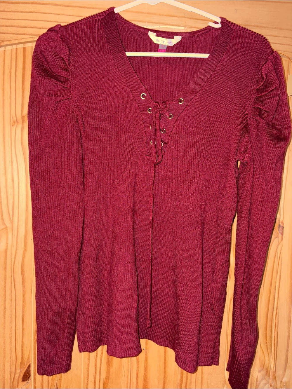 No Boundaries Burgundy Lace-Up V-Neck Ribbed Sweater juniors xl